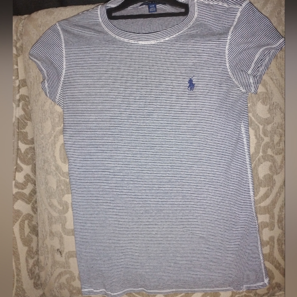 RALPH LAUREN = NAVY BLUE & WHITE  STRIPE T-SHIRT = BLUE LABEL WOMAN'S = SIZE M